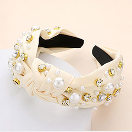 Pearl Round Stone Embellished Knot Burnout Headband