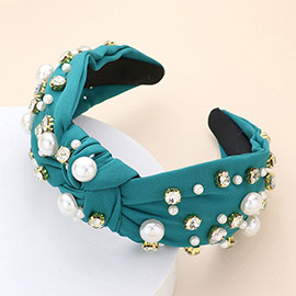 Pearl Round Stone Embellished Knot Burnout Headband