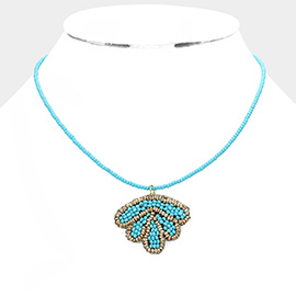 Felt Back Seed Beaded Shell Pendant Necklace