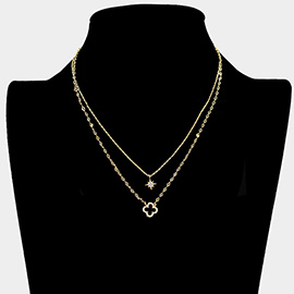Secret Box _ Rhinestone North Star Quatrefoil Pendant Double Layered Necklace