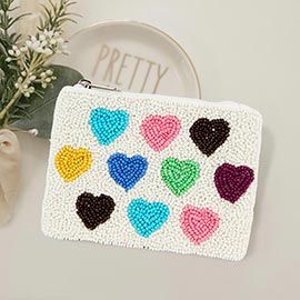 Heart Patterned Seed Beaded Mini Pouch Bag