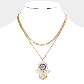 Rhinestone Evil Eye Filigree Hamsa Hand Pendant Double Layered Necklace