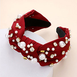 Pearl Round Stone Embellished Knot Burnout Headband