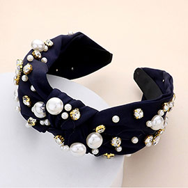 Pearl Round Stone Embellished Knot Burnout Headband