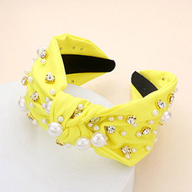 Pearl Round Stone Embellished Knot Burnout Headband