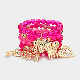 5PCS - Metal Elephant Charm Faceted Beaded Stretch Bracelets