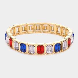 American USA Flag Emerald Cut Stone Stretch Evening Bracelet