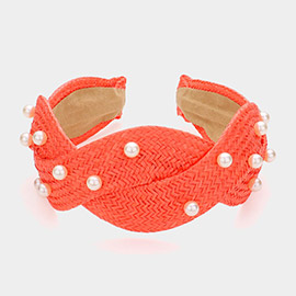 Pearl Embellished Braided Straw Headband