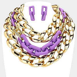 Chain Colored Open Rectangle Link Triple Layered Necklace