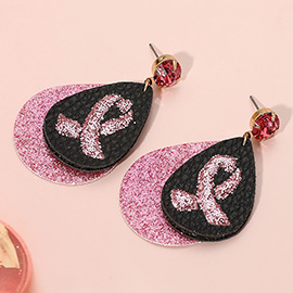 Round Stone Bling Pink Ribbon Accented Teardrop Dangle Earrings