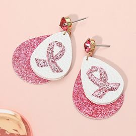 Round Stone Bling Pink Ribbon Accented Teardrop Dangle Earrings