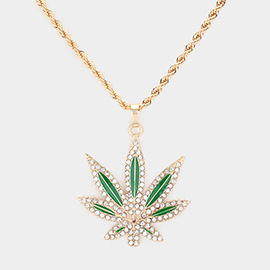 Rhinestone Embellished Enamel Metal Hemp Leaf Pendant Necklace