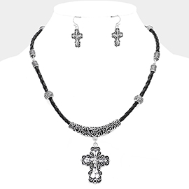 Embossed Metal Cross Pendant Necklace