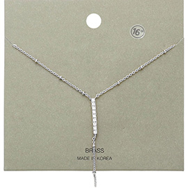 Brass Metal Rhinestone Embellished Bar Pendant Y Necklace