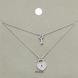 Brass Rhinestone Embellished Metal Heart Lock Key Pendant Double Layered Necklace