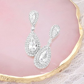 CZ Double Teardrop Stone Link Dangle Evening Earrings