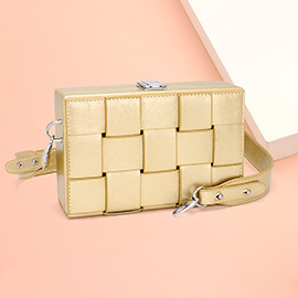 Faux Leather Woven Square Box Crossbody Bag