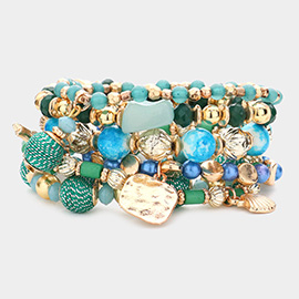 7PCS - Faceted Beads Natural Stone Thread Wrapped Ball Beaded Shell Fish Charm Stretch Multi Layered Bracelets