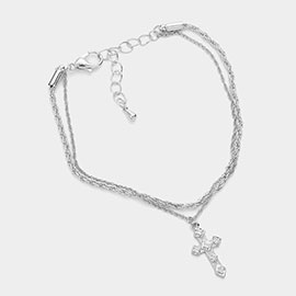 CZ Stone Pointed Cross Charm Brass Double Layered Chain Bracelet