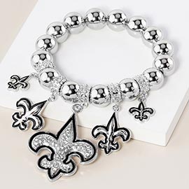 Stone Embellished Fleur de Lis Charm Metal Ball Stretch Bracelet