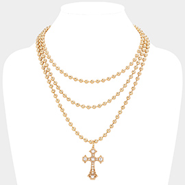 SECRET BOX_Stone Pointed Cross Pendant Bubble Chain Triple Layered Necklace
