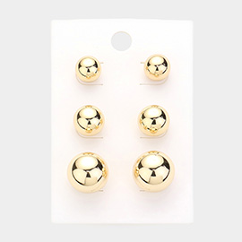 3PAIRS - Gold Dipped Metal Ball Stud Earrings Set