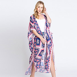 Aztec Print Open Front Long Kimono Poncho