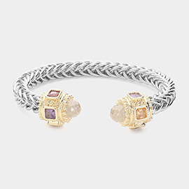 CZ Stone Tip Textured Metal Cuff Bracelet