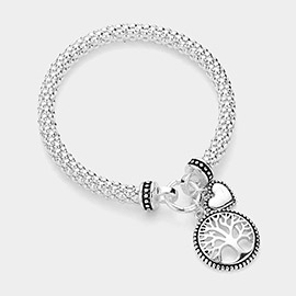 Antique Metal Tree Of Life Heart Charm Stretch Bracelet