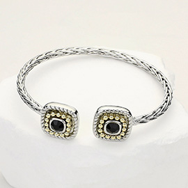 Round Stone Paved Square Tip Braided Metal Cuff Bracelet