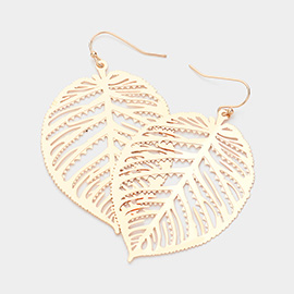 Brass Metal Filigree Tropical Leaf Dangle Earrings