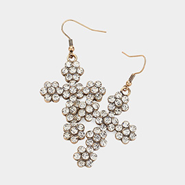 Stone Paved Flower Cross Dangle Earrings