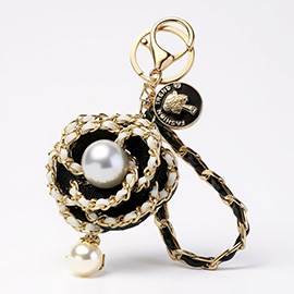 Pearl Pointed Faux Leather Braided Chain Deco Flower Keychain / Bag Charm