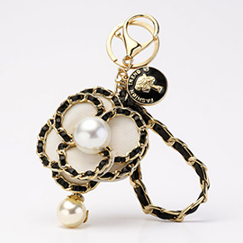 Pearl Pointed Faux Leather Braided Chain Deco Flower Keychain / Bag Charm