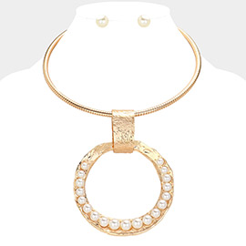 Over Sized Pearl Paved Textured Open Circle Metal Pendant Statement Necklace