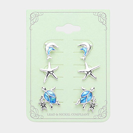 3PAIRS - Dolphin Starfish Sea Turtle Stud Earrings Set