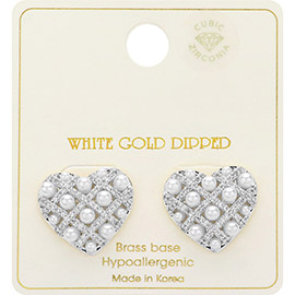 White Gold Dipped Woven CZ Pearl Heart Stud Earrings