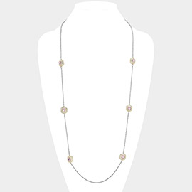 14K Gold Plated Two Tone Stone Paved Square Pendant Station Long Necklace