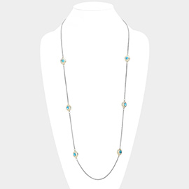14K Gold Plated Two Tone Stone Paved Circle Pendant Station Long Necklace
