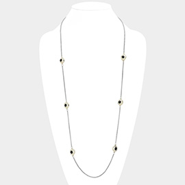 14K Gold Plated Two Tone Stone Paved Circle Pendant Station Long Necklace