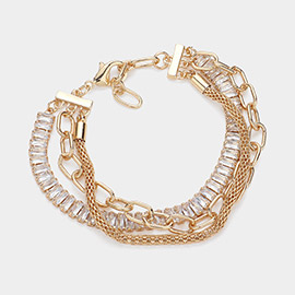 Baguette Stone Cluster Link Metal Mesh Chain Layered Bracelet
