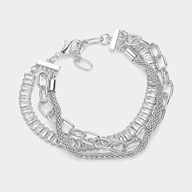 Baguette Stone Cluster Link Metal Mesh Chain Layered Bracelet