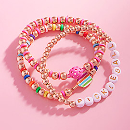 3PCS - Enamel Pickle Ball Message Paddle Beaded Stretch Multi Layered Bracelets