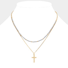 Metal Ball Cross Pendant Seed Beaded Double Layered Necklace