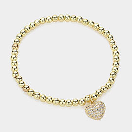 Stainless Steel Stone Paved Heart Charm Stretch Ball Bracelet