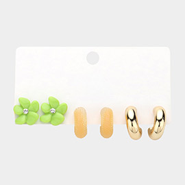3Pairs - Flower Stud Hoop Earrings Set