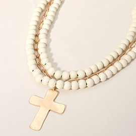 Hammered Metal Cross Pendant Wood Paperclip Chain Layered Necklace