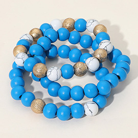 3PCS - Metal Natural Stone Wood Beaded Stretch Multi Layered Bracelets
