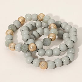 3PCS - Metal Natural Stone Wood Beaded Stretch Multi Layered Bracelets