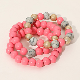 3PCS - Metal Natural Stone Wood Beaded Stretch Multi Layered Bracelets